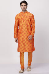 Men's Cotton Art Silk Kurta Set In Orange