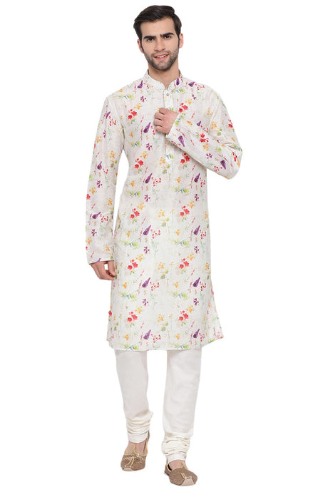 Buy Blended Cotton Floral Printed Kurta Pyjama Set in Cream