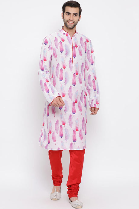 Blended Cotton Abstract Printed Kurta Pyjama Set in Pink - Right SIde