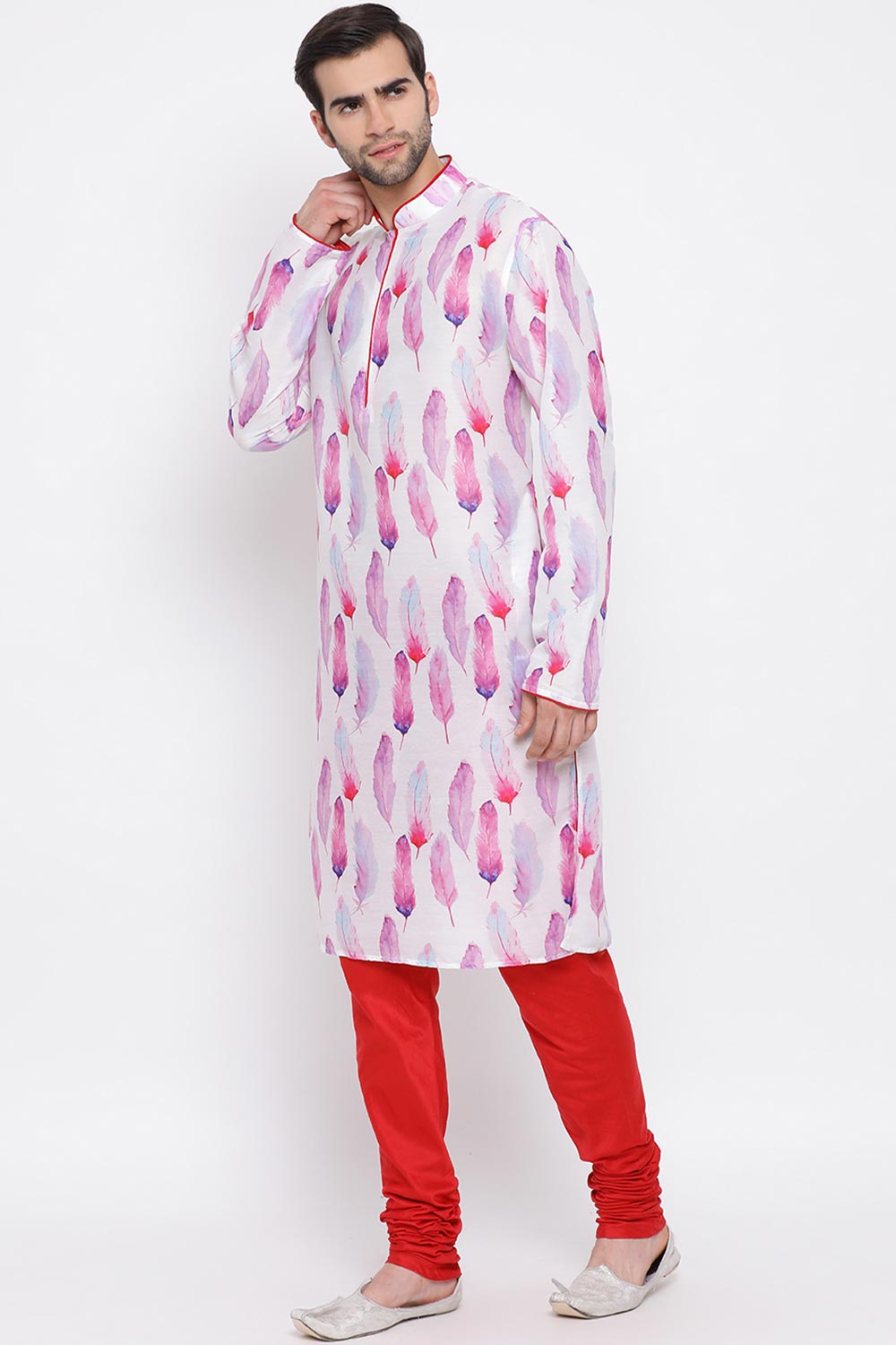 Blended Cotton Abstract Printed Kurta Pyjama Set in Pink - Left SIde