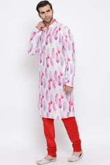 Blended Cotton Abstract Printed Kurta Pyjama Set in Pink - Left SIde