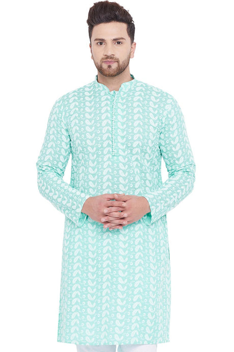 Buy Blended Cotton Embroidered Kurta in Green