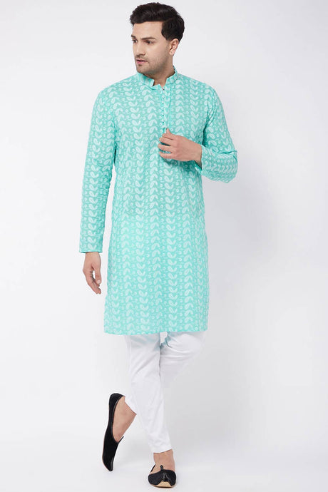 Buy Men's Pure Cotton Embroidered Kurta Set in Green