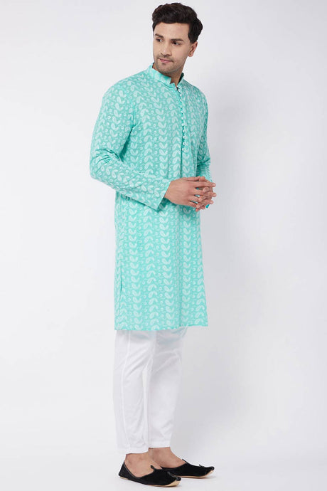 Buy Men's Pure Cotton Embroidered Kurta Set in Green - Front
