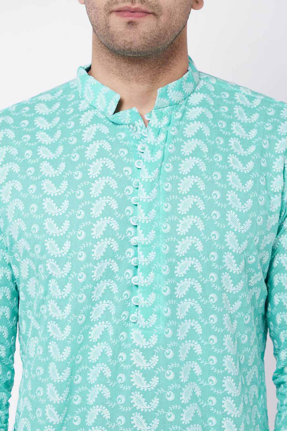 Buy Men's Pure Cotton Embroidered Kurta Set in Green - Side