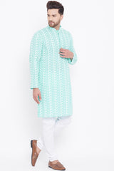 Long Blended Cotton Green Kurta Pyjama Set