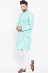 Buy Cotton Embroidered Kurta Pyjama Set in Green