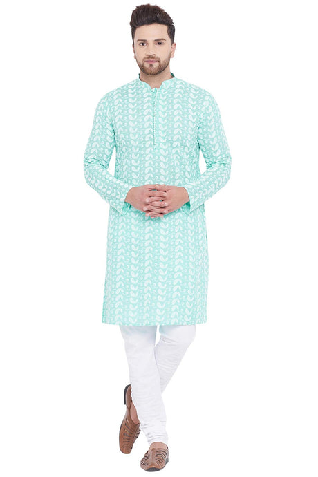 Buy Blended Cotton Embroidered Kurta Pyjama Set in Green