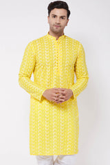 Buy Men's Pure Cotton Paisley Embroidery Kurta in Mustard