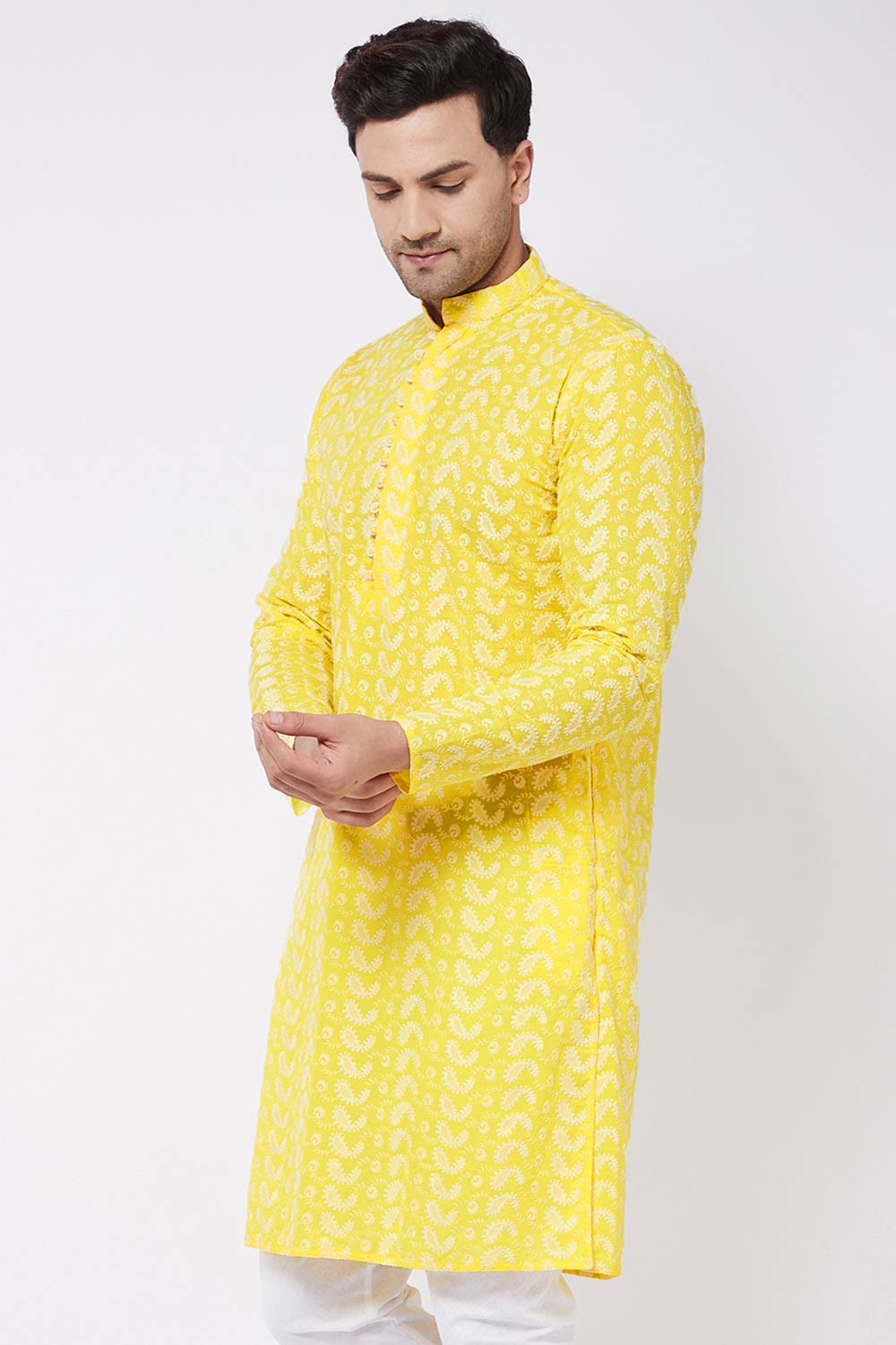 Buy Men's Pure Cotton Paisley Embroidery Kurta in Mustard - Front