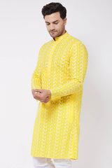 Buy Men's Pure Cotton Paisley Embroidery Kurta in Mustard - Front