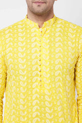 Buy Men's Pure Cotton Paisley Embroidery Kurta in Mustard - Side