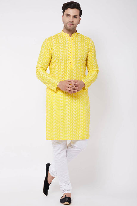 Buy Men's Pure Cotton Embroidered Kurta Set in Mustard