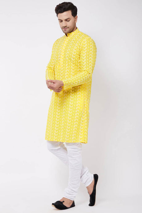 Buy Men's Pure Cotton Embroidered Kurta Set in Mustard - Front