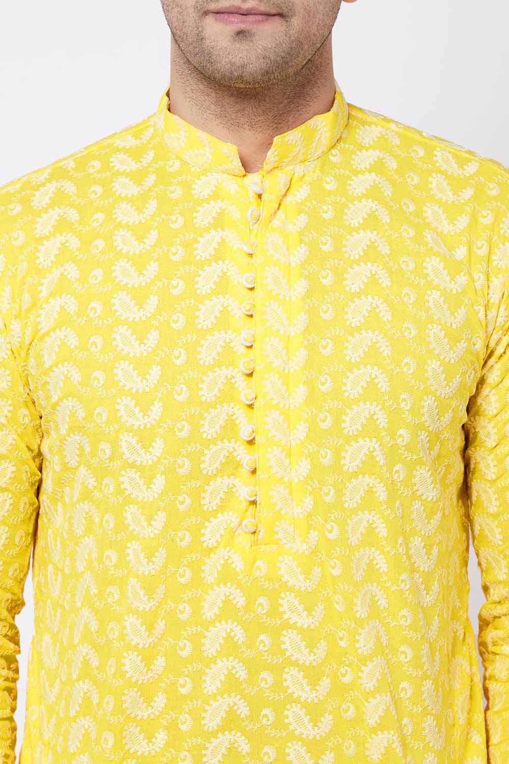 Buy Men's Pure Cotton Embroidered Kurta Set in Mustard - Side