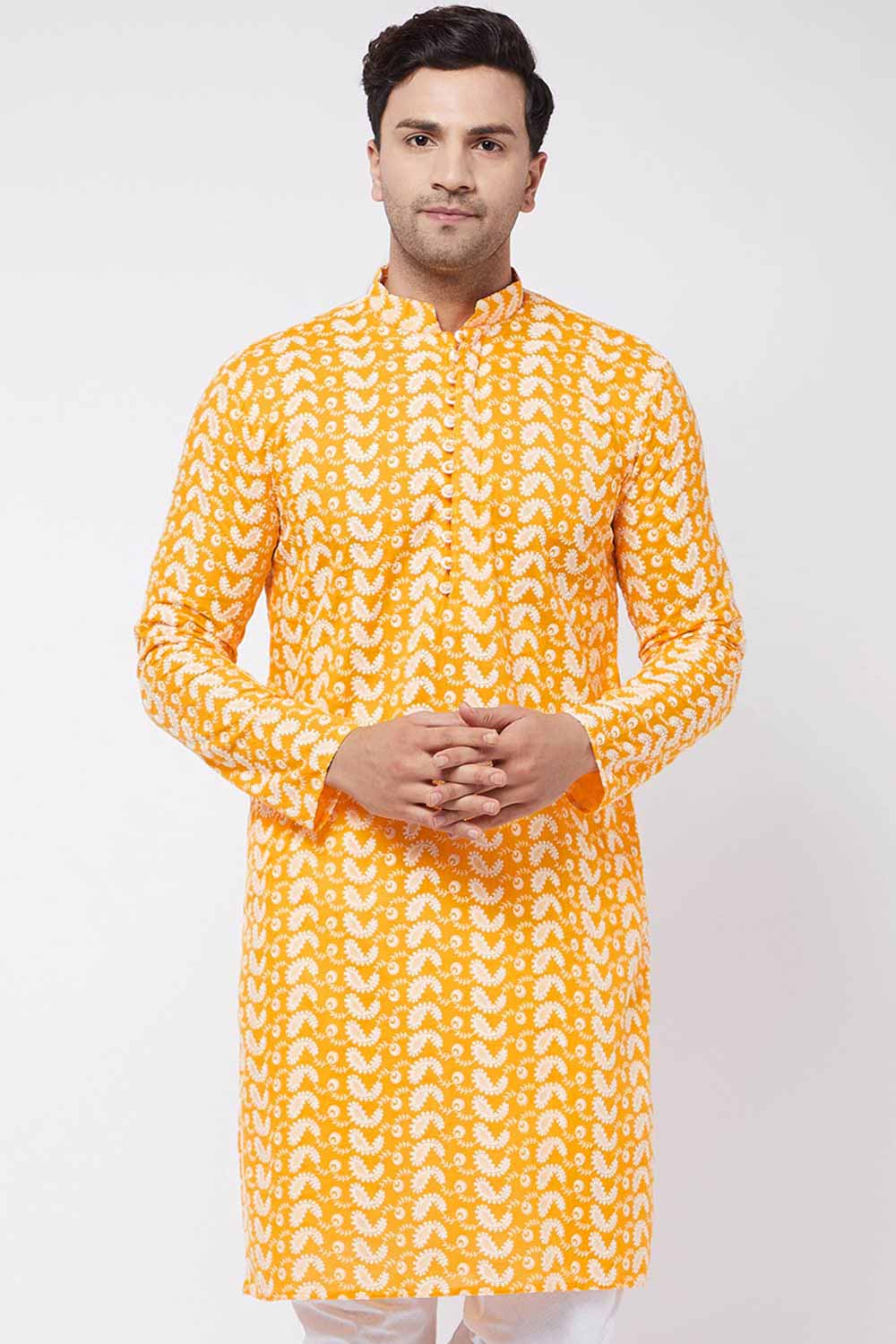 Buy Men's Pure Cotton Paisley Embroidery Kurta in Orange