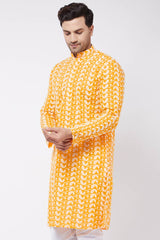 Buy Men's Pure Cotton Paisley Embroidery Kurta in Orange - Front