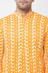 Buy Men's Pure Cotton Paisley Embroidery Kurta in Orange - Side