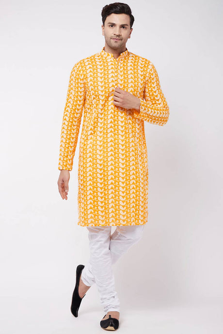 Buy Men's Pure Cotton Embroidered Kurta Set in Orange