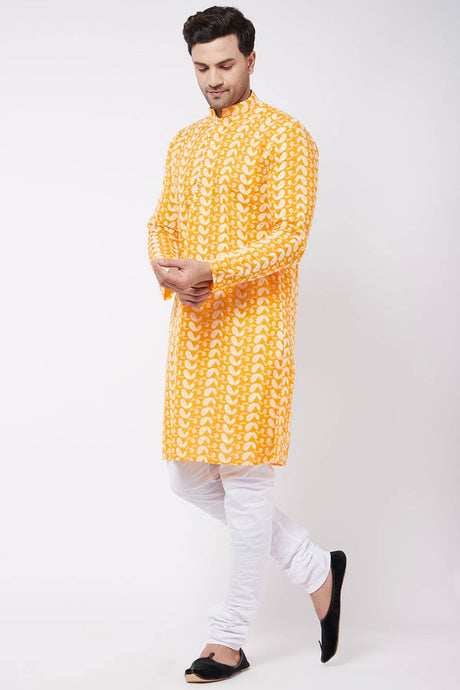 Buy Men's Pure Cotton Embroidered Kurta Set in Orange - Front