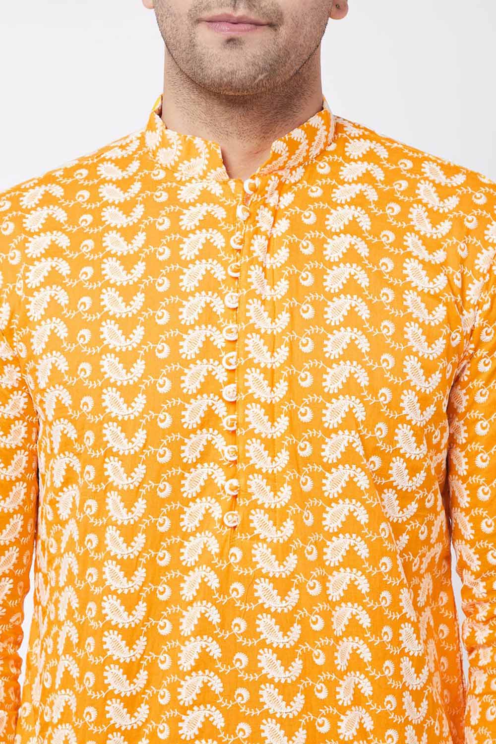 Buy Men's Pure Cotton Embroidered Kurta Set in Orange - Side