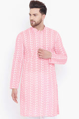 Pink Blended Cotton Kurta for Men's