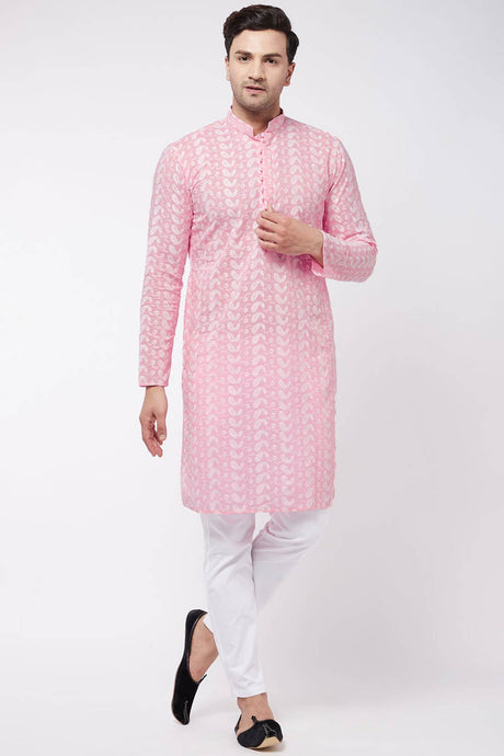 Buy Men's Pure Cotton Embroidered Kurta Set in Pink