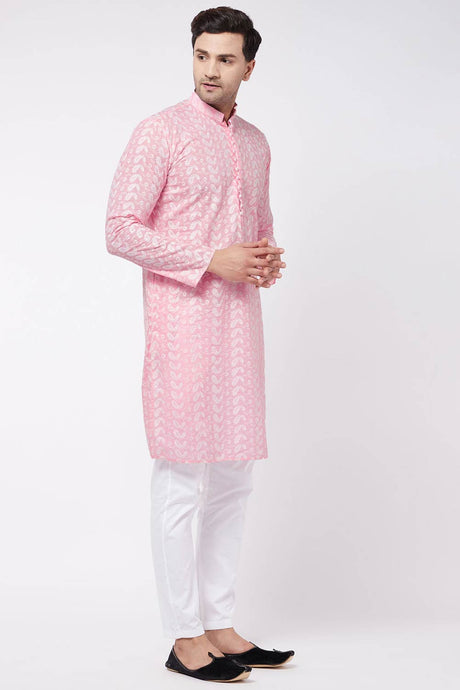 Buy Men's Pure Cotton Embroidered Kurta Set in Pink - Front