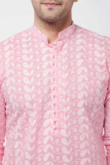 Buy Men's Pure Cotton Embroidered Kurta Set in Pink - Side