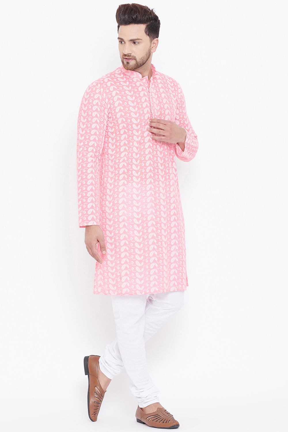 Long Blended Cotton Pink Kurta Pyjama Set