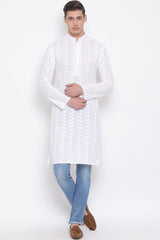 Long Embroidered White Kurta for Festival.