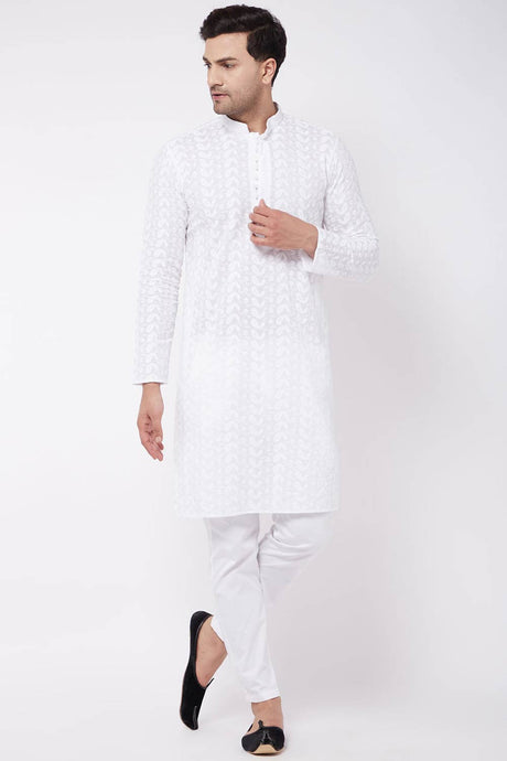 Buy Men's Pure Cotton Embroidered Kurta Set in White