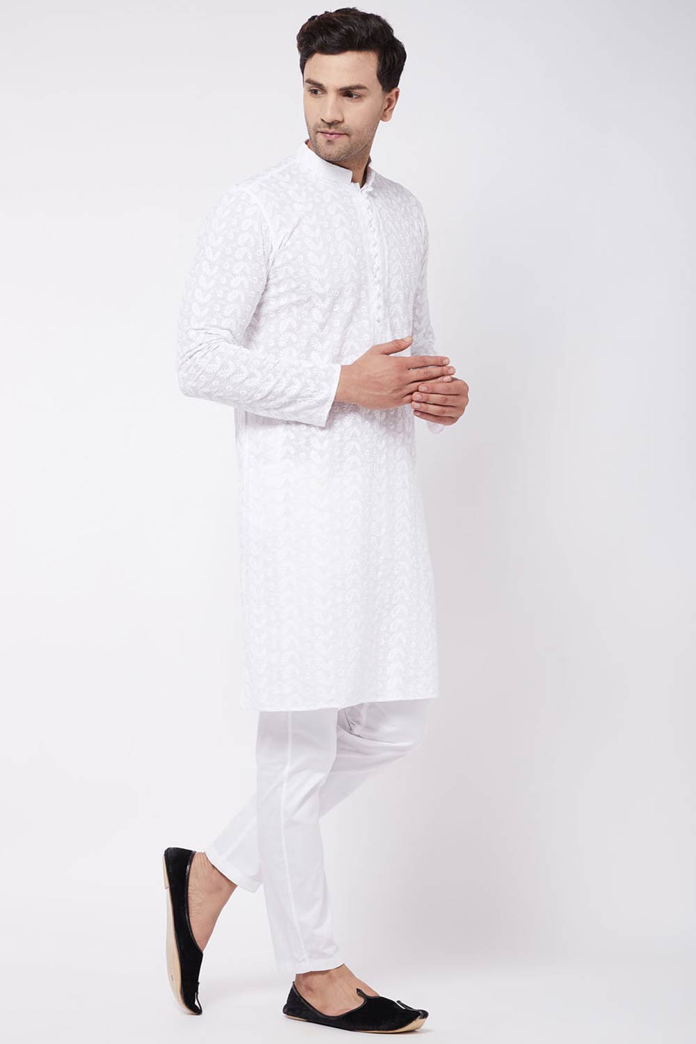 Buy Men's Pure Cotton Embroidered Kurta Set in White - Front