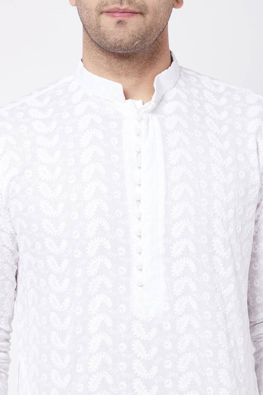 Buy Men's Pure Cotton Embroidered Kurta Set in White - Side