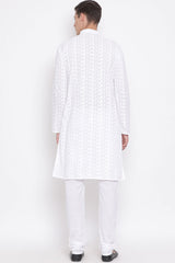 Buy Pure Cotton Embroidered Kurta Pyjama Set in White