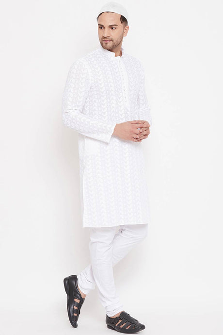 Buy Men's Pure Cotton Embroidered Kurta Set in White - Front