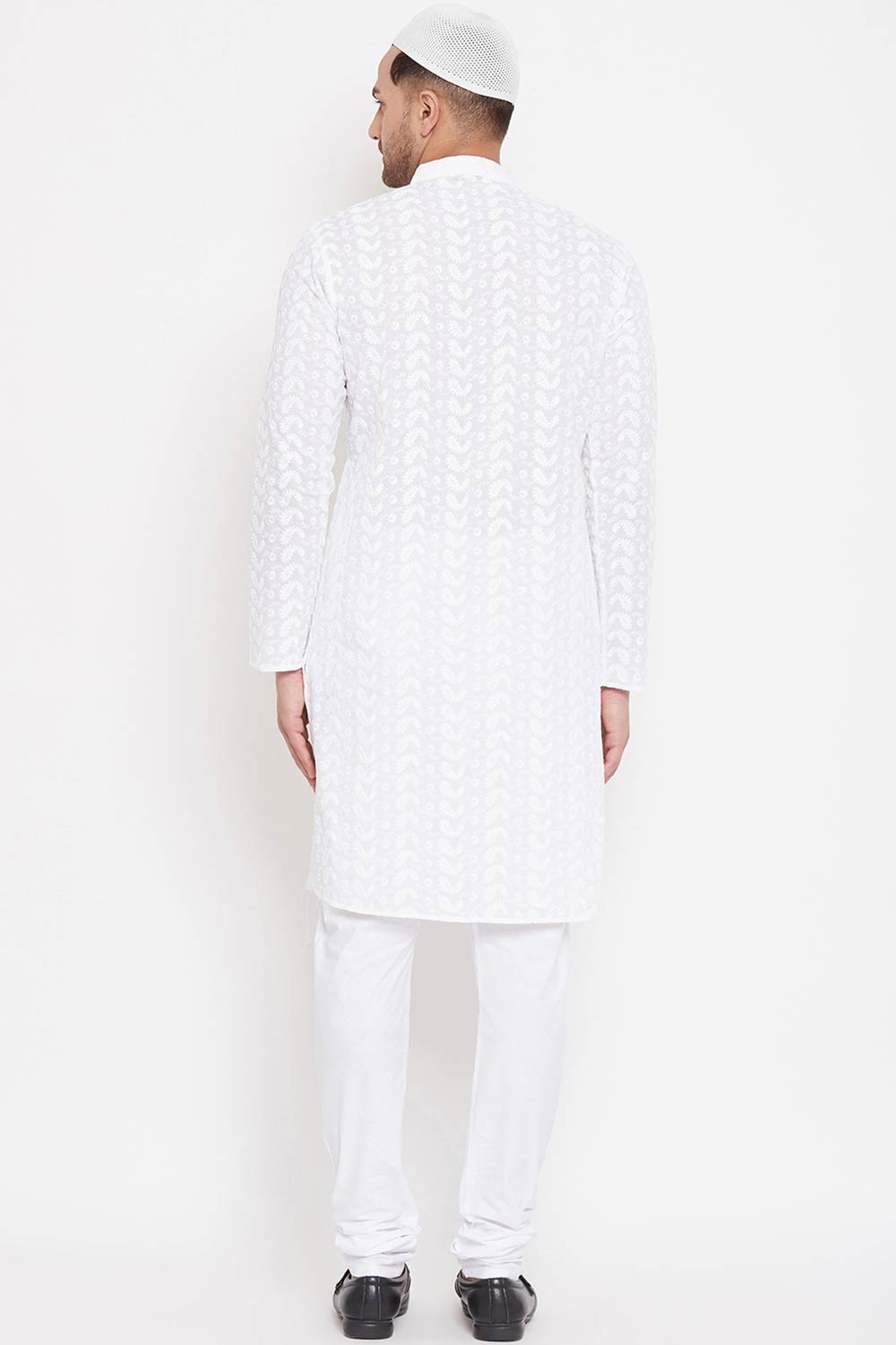 Buy Men's Pure Cotton Embroidered Kurta Set in White - Back