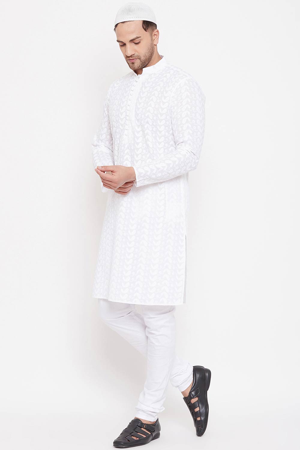 Buy Men's Pure Cotton Embroidered Kurta Set in White - Side