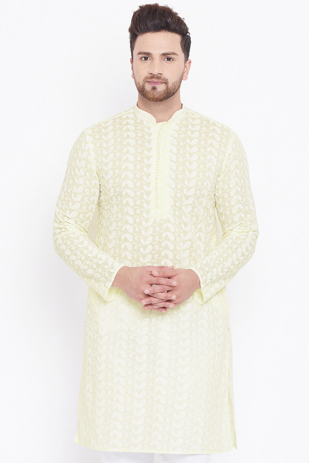 Yellow Blended Cotton Kurta for Men's