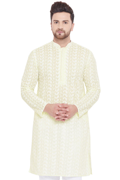 Buy Blended Cotton Embroidered Kurta in Yellow