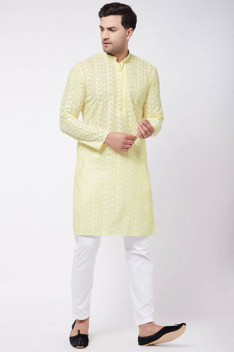 Buy Men's Pure Cotton Embroidered Kurta Set in Yellow