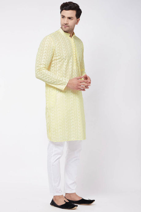 Buy Men's Pure Cotton Embroidered Kurta Set in Yellow - Front