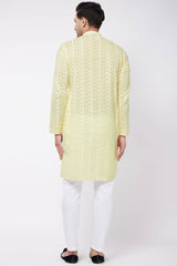 Buy Men's Pure Cotton Embroidered Kurta Set in Yellow - Back