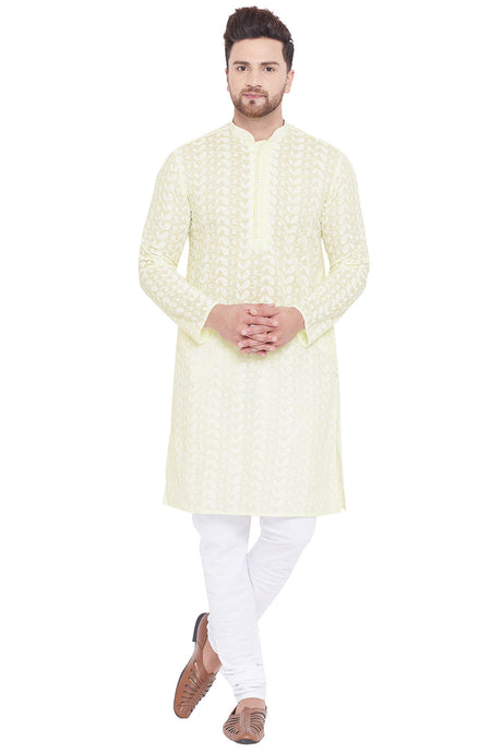 Buy Blended Cotton Embroidered Kurta Pyjama Set in Yellow