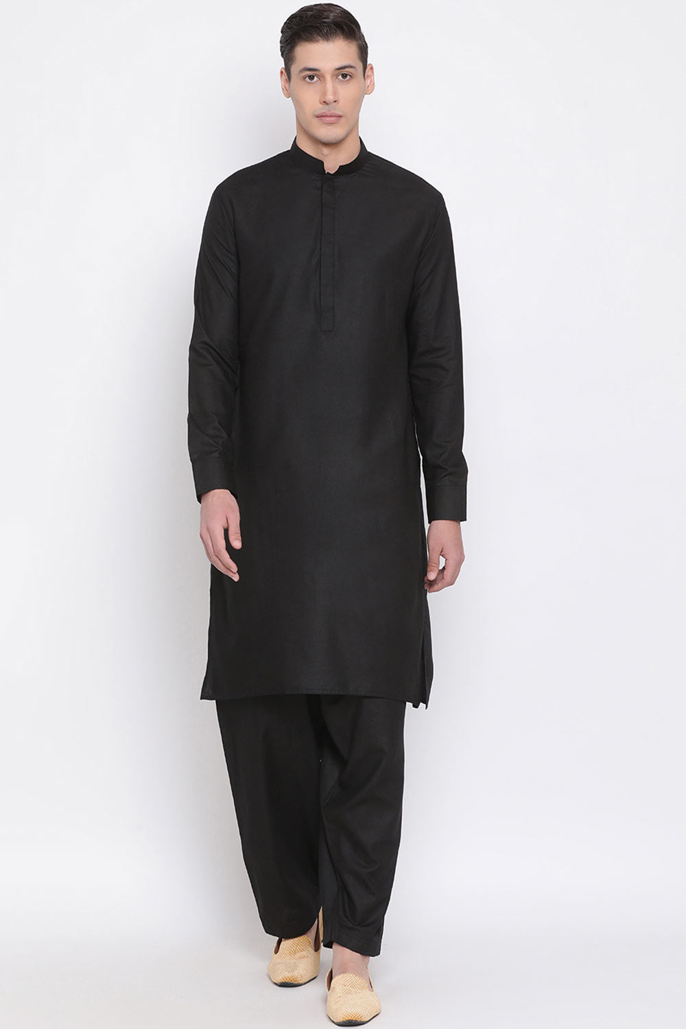 Buy Men's Blended Cotton Solid Kurta and Patiala Set in Black