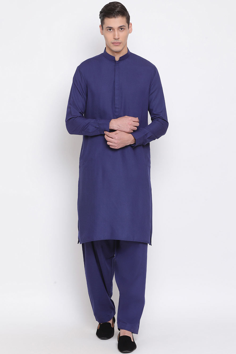 Buy Men's Blended Cotton Solid Kurta and Patiala Set in Blue