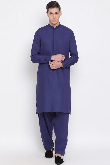 Buy Men's Blended Cotton Solid Kurta and Patiala Set in Blue