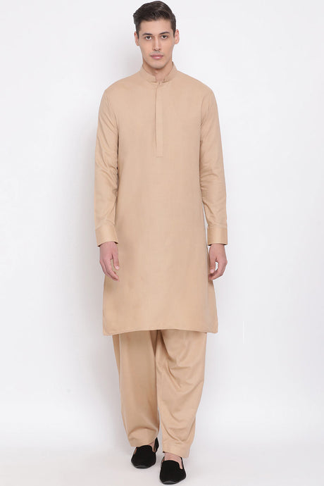 Buy Men's Blended Cotton Solid Kurta and Patiala Set in Brown