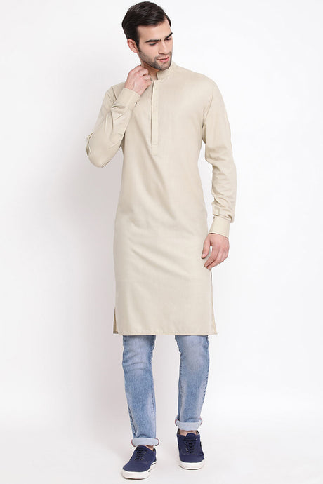 Buy Blended Cotton Solid Kurta in Beige