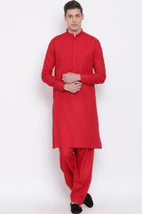Buy Men's Blended Cotton Solid Kurta and Patiala Set in Maroon